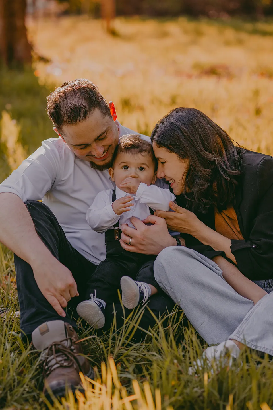Ouders spelen met hun baby in het gouden gras